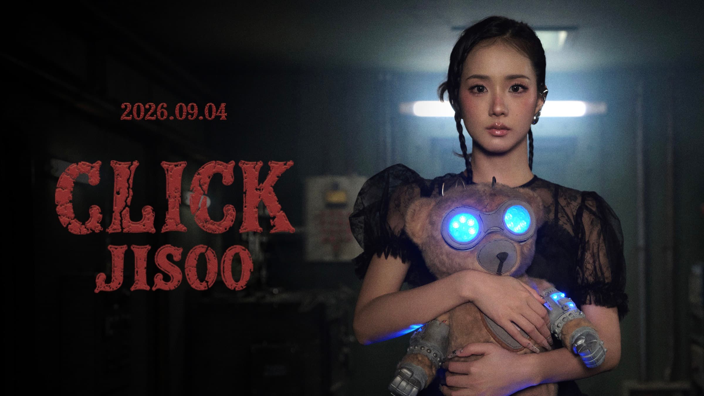 Official CLICK key visual: JISOO holding the glowing CLICK bear